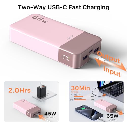 JUOVI Power Bank 65W 20000mAh Laptop Portable Charger | Fast Charging with 4 Ports LED Display External Battery Pack for MacBook Air iPad Tablet iPhone Samsung Steam Deck etc - color: Pink