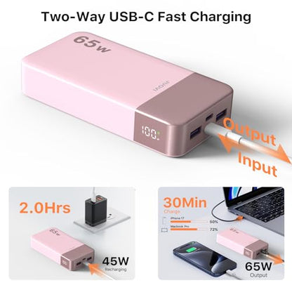 JUOVI Power Bank 65W 20000mAh Laptop Portable Charger | Fast Charging with 4 Ports LED Display External Battery Pack for MacBook Air iPad Tablet iPhone Samsung Steam Deck etc - color: Pink