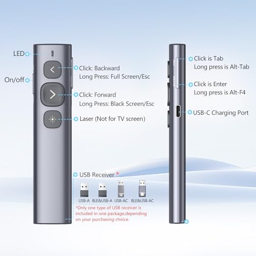 N95 Presentation Clicker, PowerPoint Clicker for Presentation Remote, Rechargeable Wireless Presenter Pointer, Slide Advancer for PC/Laptop/e-Book in Classroom, Auditorium, Church (Red, USB-A) | PowerPoint Clicker for Presentation Remote, Long-Range Wirel