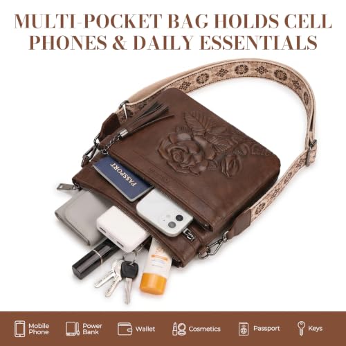 Vegan Leather Purses for Women, Daily Travel Crossbody Bags | Small Multi-Pocket Shoulder Bag with Adjustable Boho Wide Strap - color: Coffee