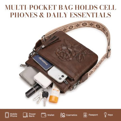 Vegan Leather Purses for Women, Daily Travel Crossbody Bags | Small Multi-Pocket Shoulder Bag with Adjustable Boho Wide Strap - color: Coffee