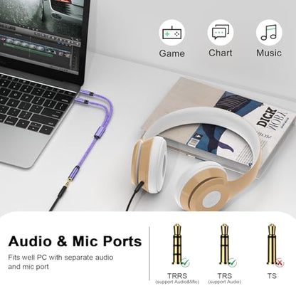 Headset and Microphone Splitter Cable for PC, Braided 3.5mm Female to 2 Dual 3.5mm Male Mic Audio Y Splitter Cable Cord Jack Headphones Audio Adapter Convertors for Smartphone Gaming Computer Laptops
