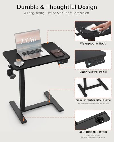FiCiHi Electric Overbed Table, Adjustable Height Bedside Desk with Hidden Wheels, Rolling Sit-Stand Laptop Table for Bed, Couch, Sofa, Home Office & Hospital Use, (24" x 16", Black) - color: Black, size: 24 x 16"