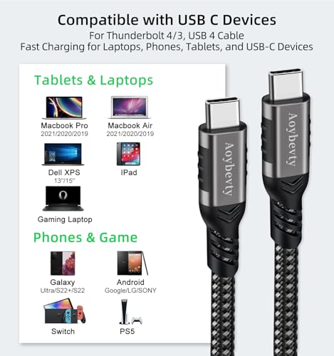 USB 4 Cable 6.6ft, USB-C to USB-C 240W Fast Charging 40Gbps Data Transfer 8K/4K@60Hz Video Output Cable for Thunderbolt 3/4 for MacBook iPhone15/16 Samsung Galaxy USB C Phone Tablet Laptop - color: Grey