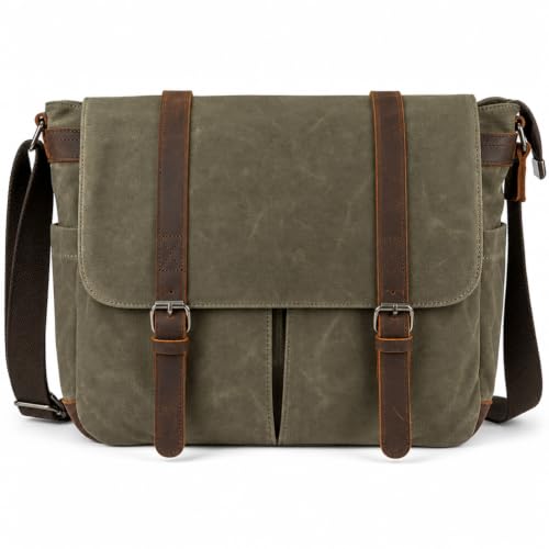 Vintage Genuine Leather Waxed Canvas Briefcase Large Satchel Shoulder Bag Rugged Computer 15.6" Laptop Bag - color: Army Green