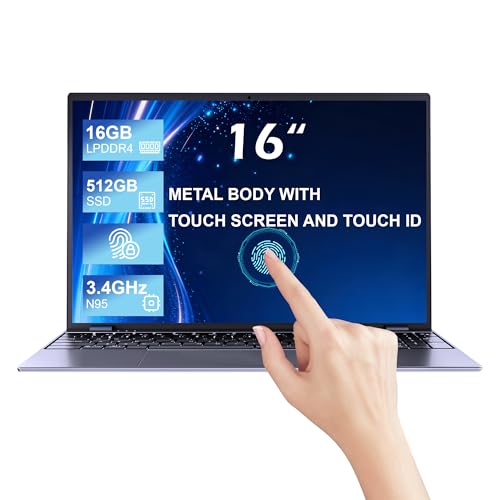 16 inch Touchscreen Laptop with 16GB RAM 512GB SSD, Win 11 Laptop Computer with Quad Core N95 Processor (Up to 3.4GHz),Backlit Keyboard, Fingerprint Reader, Metal case,BT5.2,for Students & Work - color: Gray, size: 16"