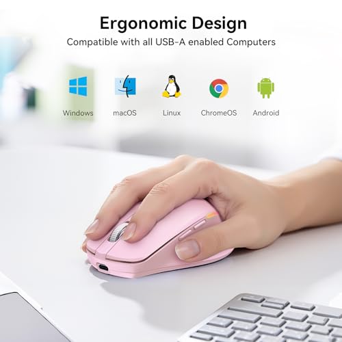 TECKNET Wireless Mouse Jiggler, Rechargeable Mouse with Built-in Mouse Mover, 6 Adjustable DPI & 14 LED Modes, Silent Click, Undetectable Random Movement Keeps Computer Awake for Laptop/PC/Mac- Pink - color: Pink