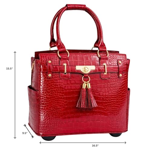JKM & Company Rolling Laptop Bag for Women | Designer Wheeled Briefcase | Fits 13-17" Laptops | Office Travel Computer Case - color: Victoria (Red Patent)