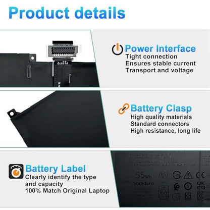 MN79H Laptop Battery Replacement for Dell XPS 9320, XPS 13 Plus 9320, XPS 13 9340, XPS9320-7523BLK-PUS XPS9320-7585SLV-PUS Series J7H5M 0J7H5M NXRKW 0NXRKW 2FVJM - size: 11.81*4.33*1.97inch MN79H