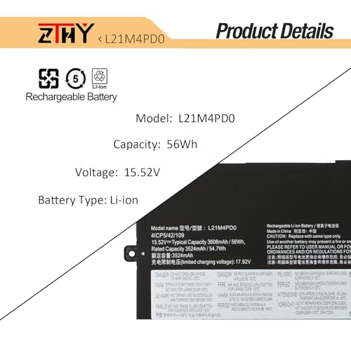 L21M4PD0 Laptop Battery for Lenovo ThinkBook 13S G4 ARB IAP Plus G4 IRU | For ThinkBook 13X G2 IAP L21B4PD0 L21C4PD0 5B11D96862 5B11D96865 SB11D96863 15.52V 56Wh 4Cell 3608mAh - size: 11.02*3.93*0.23inch L21M4PD0