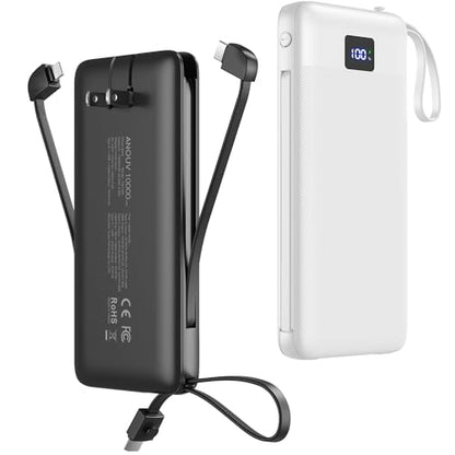 Portable Charger 10000mAh Power Bank w/Built-in 3 Cables & AC Wall Plug | 22.5W Fast Charging, Pass Through Charging, 0.68in Ultra Slim, TSA Approved, Travel Essential for iPhone/Samsung/iPad - color: Black+White