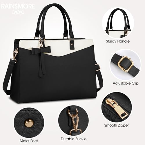 RAINSMORE Laptop Bag for Women 15.6 Inch PU Leather Laptop Tote Professional Business Office Work Bag Waterproof Briefcase Computer Tote Bag Large Lightweight Handbag Shoulder Bag - color: Black and Beige