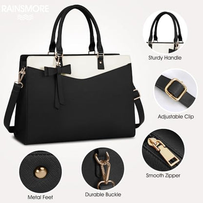RAINSMORE Laptop Bag for Women 15.6 Inch PU Leather Laptop Tote Professional Business Office Work Bag Waterproof Briefcase Computer Tote Bag Large Lightweight Handbag Shoulder Bag - color: Black and Beige