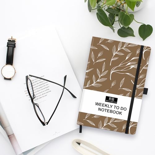 RICCO BELLO Undated Weekly Planner To Do Notebook, Brown Leaf, 5.7x8.4" | Hardcover, Pen Holder, Bookmark, Band Closure, Storage Pocket - color: Brown Leaf