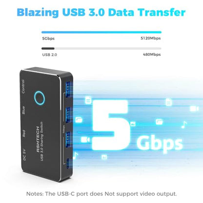 RSHTECH USB 3.0/USB C Switch 2 Computers Share 4 USB Devices, RSH-A201R | USB Switcher Selector with 4 USB 3.0 Data Ports(3 USB-A+1 USB-C), 2 Cables and Controller for Keyboard, Mouse and Printer - size: 4 Ports USB Switch