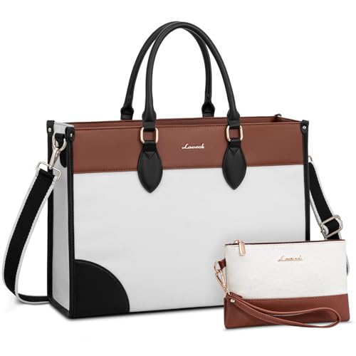 LOVEVOOK Laptop Bag for Women 15.6 lnch,Waterproof Laptops Tote Bags for Womens,Professional Work Bags for Women with Cup Holder,Large Laptop Purse Computer Briefcase Office Teacher Clutch Bag,2 PCS - color: Off-white - Black - Chestnut Brown, size: 15.6