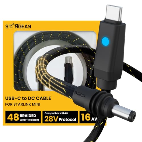 Starlink Mini Cable 6.5FT, Max 140W Input Starlink Mini USB C to DC Power Cable with Indicator Light, Braided Wear-Resistant for 16AWG, Work with 20V/100W, 28V/140W PD Power Source (Black) - size: Black Braided 6.5FT with LED
