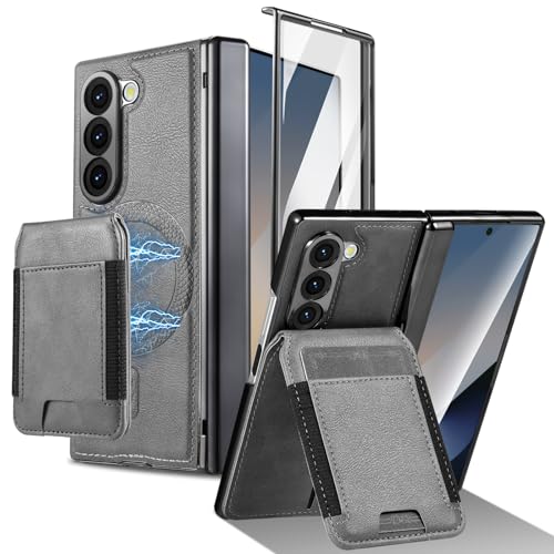 Dteck for Galaxy Z Fold 6 2024 Magnetic Phone Case 7.6" with Removable Flip Wallet (4 Card Slots) Kickstand, Screen Protector, Hinge Cover, Compatible with MagSafe, Shockproof Lightweight Cover, Gray - color: 03_Gray, size: for Samsung Galaxy Z Fold 6