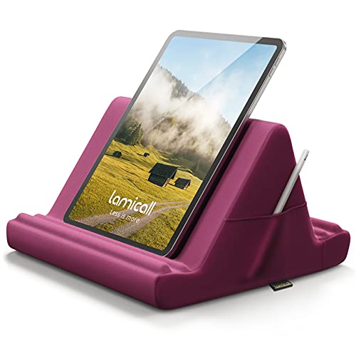 Lamicall Tablet Pillow Holder Stand - Tablet Pillow Soft Pad for Lap | Tablet Holder for Bed and Desk with Pocket & 4 Viewing Angles, for iPad Pro Air, Mini, Kindle, 4-13" Devices, Purplish Red - color: Purple Red