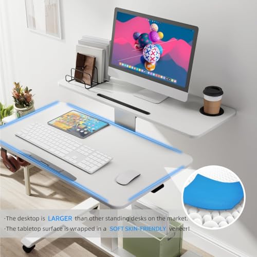 Pneumatic Standing Desk with Wheels - Adjustable Height 28" - 46" & 0-90° Tilt, 31.5" x 17.7" Skin-Feel Desktop, Rolling Computer Desk for Home Office, Hospital, School (White) - color: White