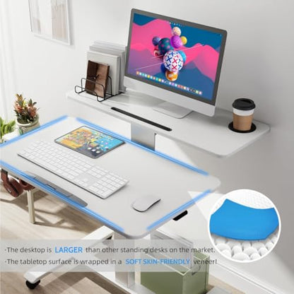 Pneumatic Standing Desk with Wheels - Adjustable Height 28" - 46" & 0-90° Tilt, 31.5" x 17.7" Skin-Feel Desktop, Rolling Computer Desk for Home Office, Hospital, School (White) - color: White