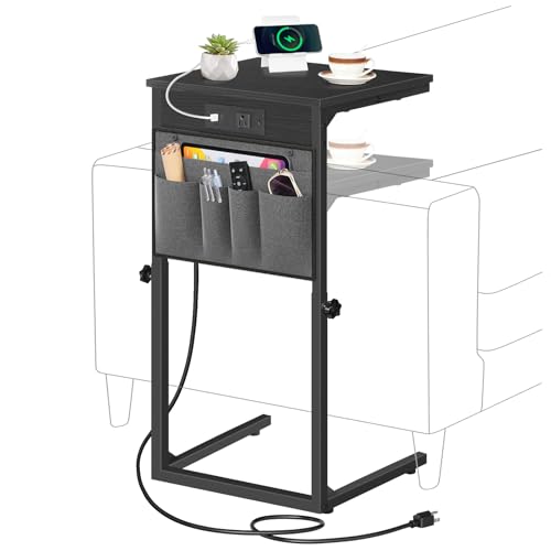 HOOBRO C Shaped End Table with Charging Station, 30” Adjustable Height Sofa Side Table with Storage Pocket, Slide Under Couch Table for Sofa Arm Tray, for Living Room, Bedroom, Black BB77USF01 - color: Black