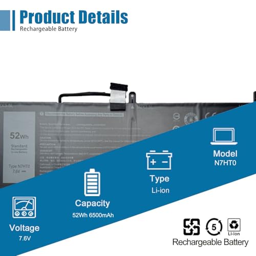 N7HT0 Laptop Battery Replacement for Dell Latitude 9510 2-in-1 Latitude 9510 9520 P94F P95F P95F001 Series TVKGH V5K68 N2NLL HYMNG 08NFC7 N2NLL N7HTO 0PKW00 089GNG 0HYMNG 7.6V 52Wh 6500mAh - size: 10.31*3.89*0.22 inch N7HT0