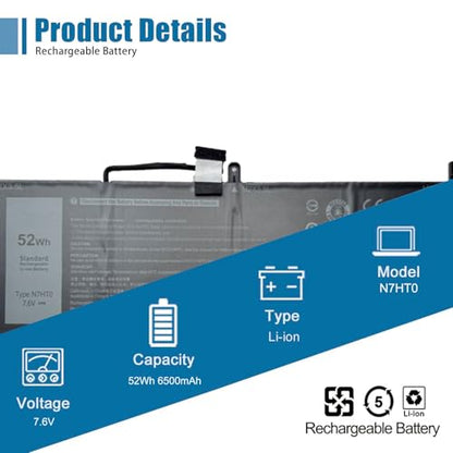 N7HT0 Laptop Battery Replacement for Dell Latitude 9510 2-in-1 Latitude 9510 9520 P94F P95F P95F001 Series TVKGH V5K68 N2NLL HYMNG 08NFC7 N2NLL N7HTO 0PKW00 089GNG 0HYMNG 7.6V 52Wh 6500mAh - size: 10.31*3.89*0.22 inch N7HT0