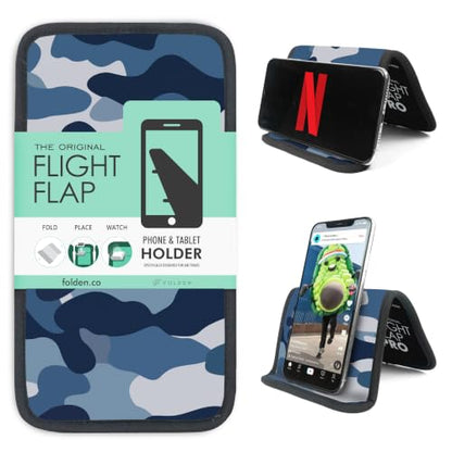 Airplane Phone Holder - Foldable Phone Stand for Plane Travel | Aluminum Build, 9 x 5 in. Blue Camo, Tabletop Mount Desk, Plane Tray Seat back, Treadmill, Fits iPhone Cell Phone - color: Blue Camo, size: Large