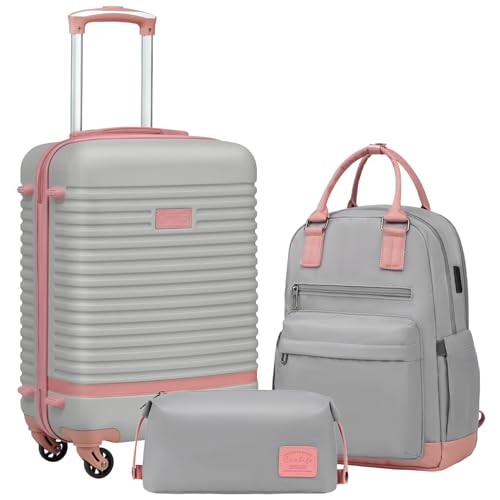 Coolife Suitcase Set 3 Piece Luggage Set Carry On Travel Luggage TSA Lock Spinner Wheels Hardshell Lightweight Luggage Set(Gray+Pink, 3 piece set (BP/TB/20)) - color: Gray+Pink, size: 3 piece set (BP/TB/20)