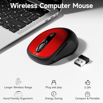 memzuoix Wireless Mouse, 2.4GHz Nano Receiver, 3 DPI Levels (800/1200/1600), 6 Buttons, Compatible with PC/Mac/Laptop - Red - color: red