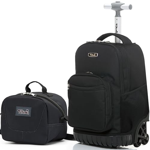 NEW TILAMI 16 Inch Rolling Backpack with Lunch Bag for Girls Boys School | 6-Wheel Stair-Climbing Girls Boys Carry-on Suitcase Water-Resistant Adjustable Trolley Handle Wheels School Travel Camping - color: Solid Black
