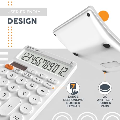 CATIGA 12 Digit Desktop Calculator Basic Desk Calculator with Large LCD Display, Big Buttons, 4 Function, Solar and Battery Dual Power, for Office, School, Home, SD-1292 White - color: 4) White