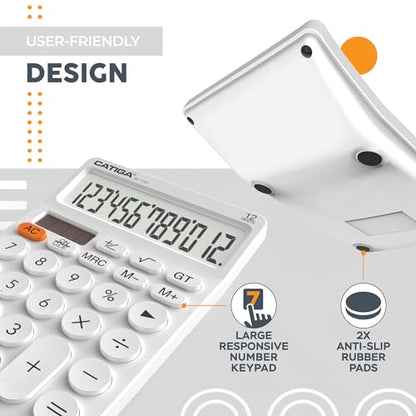 CATIGA 12 Digit Desktop Calculator Basic Desk Calculator with Large LCD Display, Big Buttons, 4 Function, Solar and Battery Dual Power, for Office, School, Home, SD-1292 White - color: 4) White
