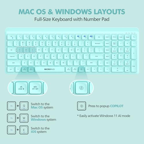 Teal Wireless Keyboard and Mouse Combo for Desktop Mac iPad Bluetooth 2.4 Ghz Rechargeable Slim Silent Click with Number Pad Compatible with Pc, Laptop, Tablet (Green) - color: Teal