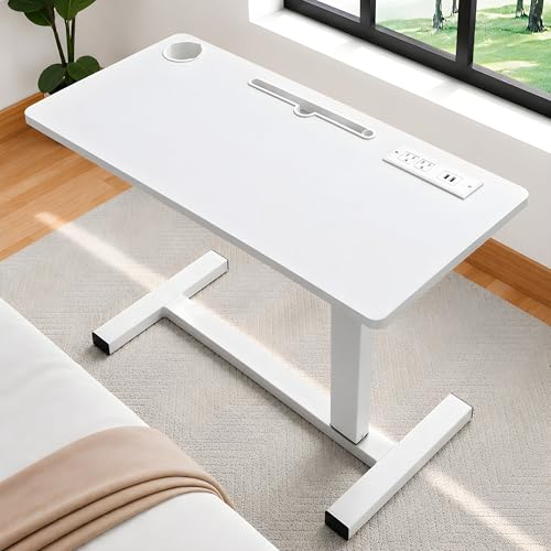Naomi Home Adjustable Overbed Table with Charging Station, Rolling Hospital Bedside Table with Wheels, Height Adjustable Bed Desk for Laptop, Meals & Recovery Care White - color: White