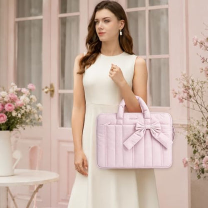 MOSISO Laptop Case 13.3 inch, 13-13.3 inch Puffy Laptop Sleeve Compatible with MacBook Neo/Air 13.6 M5 M4 M3 M2 M1/Pro 13/14, HP Dell ASUS Lenovo, Rectangle Quilted Carrying Bag with Bow&Handle, Pink - color: Pink, size: 13.3 inch