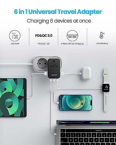 Universal Travel Adapter, VINTAR 75W GaN International Power Adapter with 3 USB C PD and 2 USB A QC, All in One Travel Essentials for UK/EU/USA/AUS, Travel Adapter Worldwide for Laptops Tablets Phones - color: 75W Black