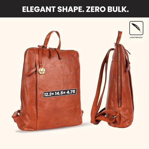 12.5 Inch Cognac Genuine Leather Backpack for Women & Men | Small Cognac Genuine Leather Travel Bookbag Purse with Adjustable Shoulder Strap, YKK Zippers, Mobile & Slip-in Pockets - color: Cognac
