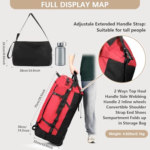 Vomgomfom 86L Collapsible Wheeled Duffle Bag Waterproof, Red | Detachable Backpack Straps, Padded Laptop Sleeve, Quilted Reinforced Base, U-Shape Mesh Pocket, Shoe Compartment - color: Red