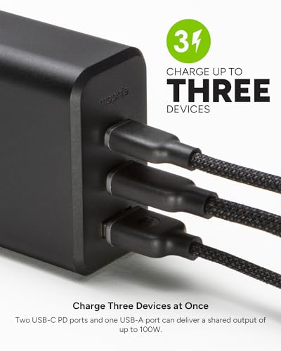 Mophie GaN 100W USB C Charger Block - 3-Port Fast Charger for MacBook, iPad, iPhone, Samsung Galaxy, Google Pixel, Laptops - with 1.5m/5ft Cable, Dual USB-C PD Ports, Black