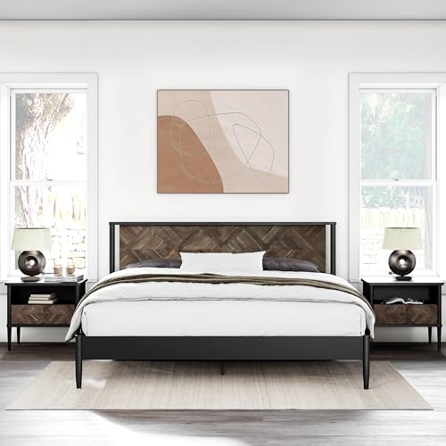 Howizz Lenia 3 Pieces Bedroom Set, King Bed Frame with 2 Matching Nightstands – Modern Wood Platform Bed Set, Chevron Diamond Design, No Box Spring Needed, Slatted Support (Mocha Black, King) - color: Mocha Black, size: Set King Bed Frame + 2 Nightstands