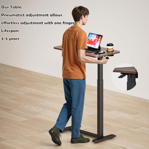 BIZUM Adjustable Hospital Bed Table on Wheels, Rolling Bedside Table Walnut | Adjustable height 29.7-43.3in, 27.6x15.8in surface, cup holder, 22lb capacity, pneumatic lift, 4 swivel wheels - color: Walnut