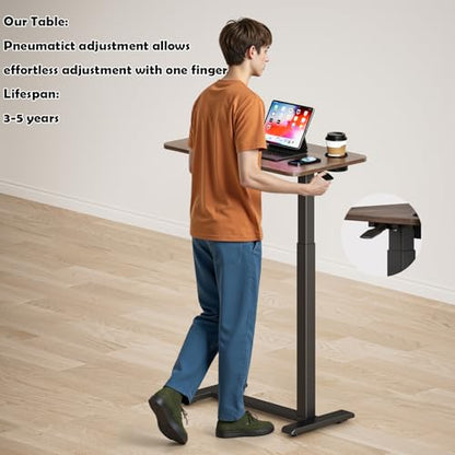 BIZUM Adjustable Hospital Bed Table on Wheels, Rolling Bedside Table Walnut | Adjustable height 29.7-43.3in, 27.6x15.8in surface, cup holder, 22lb capacity, pneumatic lift, 4 swivel wheels - color: Walnut