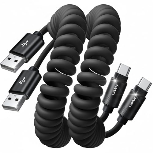 LISEN Coiled USB-A to USB-C Cable 2 Pack Android Auto Cable Car Cord | for CarPlay Cable, Gifts for Men Women Compatible with iPhone 17/16/15, Samsung Galaxy S25/S24/S23 A15/A14, Black 4FT - color: Space Black, size: 4FT