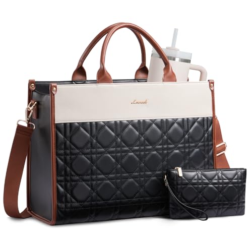 LOVEVOOK Laptop Tote Bag for Women,Waterproof Leather Work Bag for Teacher,Business Office Work Bag Briefcase,Gifts for Women - color: Black-beige-brown, size: 17.3"