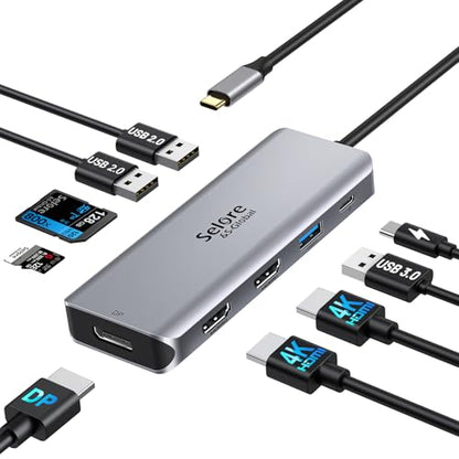 USB C Docking Station Dual HDMI Monitor Adapter 9 in 1 Triple Display Hub | Dual HDMI, Displayport, SD/microSD Card Reader, 2 USB 2.0, 1 USB 3.0, 100W PD, for USB C Thunderbolt 3/4 Laptops - color: Grey