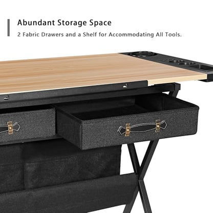 VECELO Drafting Table Art Desk Art Table Adjustable Drawing Table Tilted Tabletop with 2 Storage Drawers and Stool, Drawing Desk for Artist Painters Drawing, Crafting, Reading, Writing, Natural - color: Natural