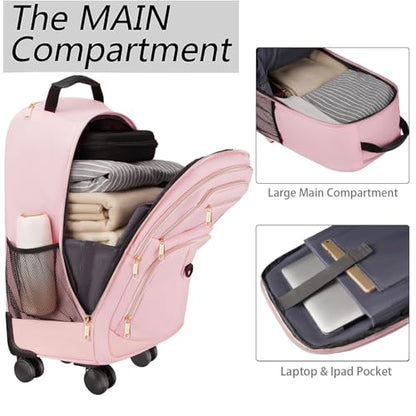 MATEIN Pink Rolling Backpack, Roller Laptop Bag with 4 Spinner Wheels | 18 inch Extra Large Wheeled Backpack Carry on Luggage, Water Resistant Rolling Suitcase Bag for Travel Women - color: Pink, size: 18 inch