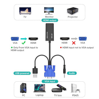 MT-VIKI VGA to HDMI Adapter 【Uni-Directional】,1080P Converter with Audio+USB Power 【Must BE Connected】 from VGA Computer/Laptop to HDMI TV/Monitor, Male to Female - color: 1 pack